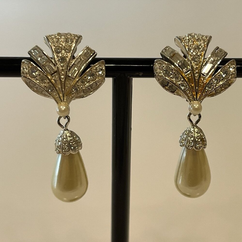 Carolee Vintage Rhinestone Faux Pearl Dangle Drop Clip Earrings Signed Wedding
